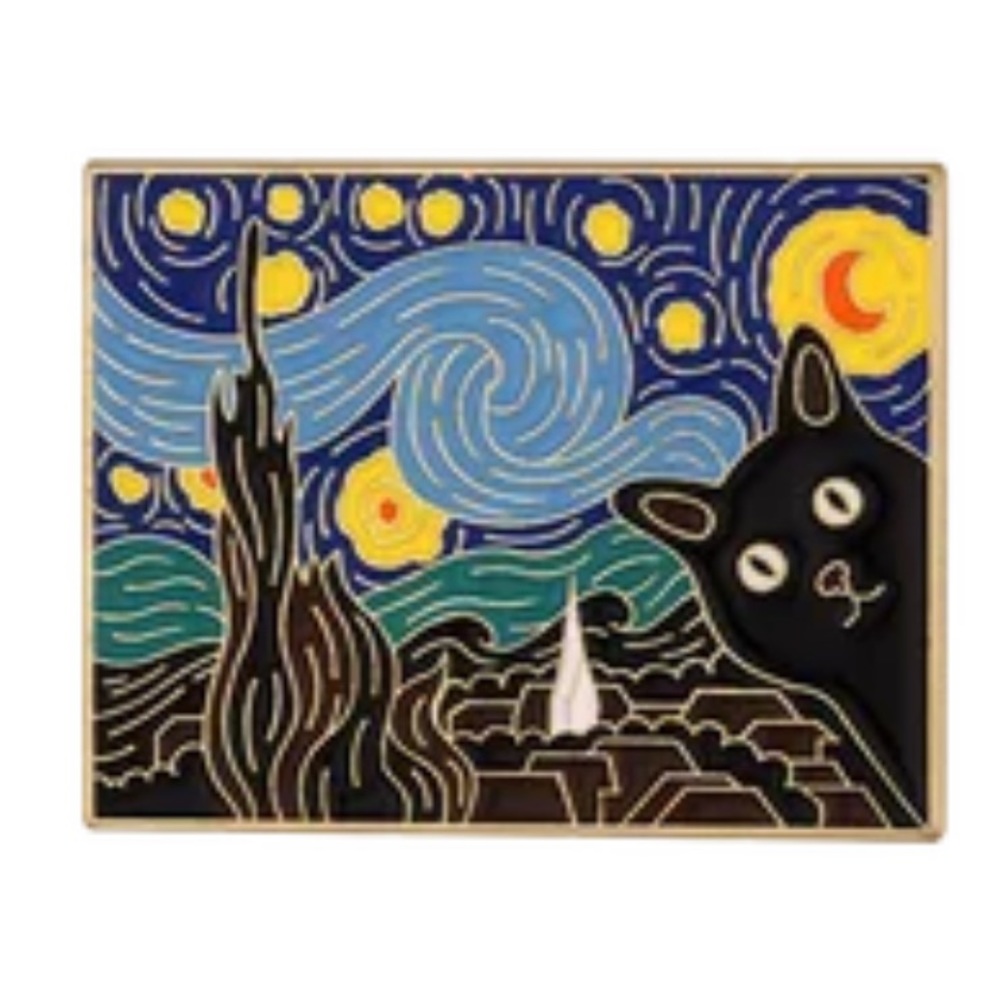 Van Gogh Black Cat Enamel Metal Pin Starry Night Painting Kitty Art History Gift